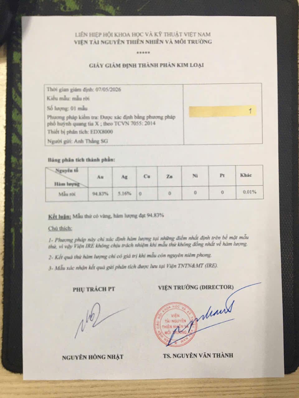 giay kiem dinh la vang